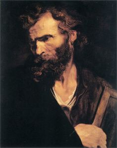 a painting of a man with long hair and beard holding a book in his right hand