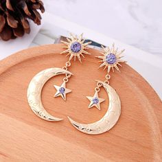 Beautiful Earrings Features Crescent Moon With Stars And Sunshine Embellished With Crystals. So Pretty ! Brand New And Gift Boxed. See Other Listings For Same Style In Silver. Crystal Moon, Moon And Star Earrings, Gold Moon, Moon And Star, Bohemian Earrings, Moon Star, Moon Earrings, Sun And Moon, Bijoux Diy