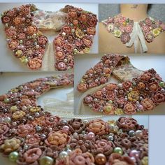 several pictures of different types of buttons and beads on a woman's dress,