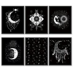 four different black and white pictures with stars, moon, and crescents on them