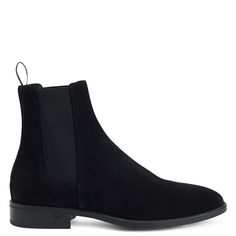 Velour Chelsea boots with elastic bands either side and rubber sole. Black Suede Chelsea Boots With Rubber Sole, Classic Black Chelsea Boots With Suede Lining, Modern High-top Suede Boots, Black Suede Chelsea Boots For Business, Formal Black Suede Chelsea Boots, Business Black Chelsea Boots With Suede Lining, Black Suede Business Boots, Black Suede Boots For Business, Modern Black High-top Boots