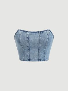 Medium Wash Sexy Collar Sleeveless Denim Plain Top Embellished Slight Stretch  Women Clothing Top Jeans, Denim Corset, Top Shein, Jean Top, Really Cute Outfits, Women Denim Jeans, Pleated Mini Skirt, Top Women