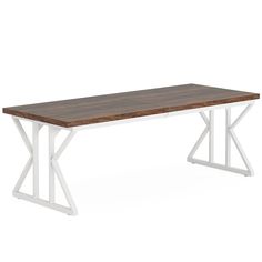 a wooden table with white metal legs and a wood top on an isolated white background