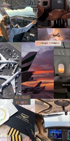 the collage shows many different types of planes and their pilots, including an airplane