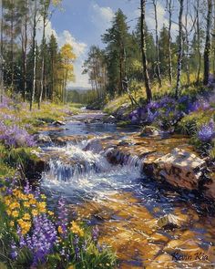 a painting of a stream surrounded by wildflowers