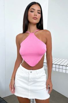 Festival Halter Top With Built-in Bra, Spring Festival Crop Top With Built-in Bra, Pink Summer Halter Top With Built-in Bra, Backless Halter Top With Built-in Bra For Vacation, Summer Festival Crop Top With Built-in Bra, Summer Beachwear Crop Top With Built-in Bra, Summer Cross-tied Backless Halter Top, Pink Backless Halter Top For Vacation, Backless Halter Top For Beach Season