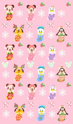 a pink background with cartoon characters and snowflakes on the bottom, in different colors