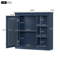 an image of a blue cabinet with measurements for the door and shelves on each side