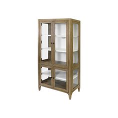 a wooden cabinet with glass doors and shelves