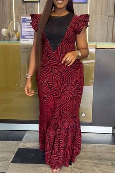 Red V-neck Maxi Dress For Banquet, Red Short Sleeve Wedding Dress, Red Floor-length Midi Dress For Wedding, Red Short Sleeve Midi Dress For Wedding, Red V-neck Midi Dress For Wedding, African Glamour, Ankara Long Gown Styles, Ankara Dress Styles, Ankara Gown Styles