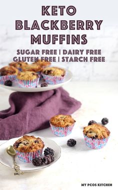 two blueberry muffins on plates with the text keto blackberry muffins