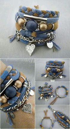 the bracelets are made with different types of beads and metal items, including charms