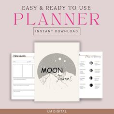 the moon planner is shown with text that reads easy and ready to use planner instant