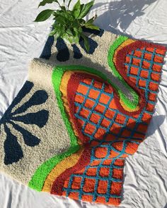 a plant is growing out of a potted plant on top of two colorful rugs