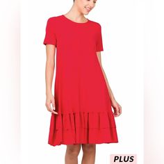 Plus Short Sleeve Round Neck Ruffle Hem Dress Total Body Length: 38", Bust: 40" Approx. - Measured From 1x ** Color May Vary Slightly Due To Monitor Resolution Fabric 57% Polyester 38% Rayon 5% Spandex Made In Vietnam Red Short Sleeve Midi Dress With Ruffles, Red Knee-length Dress With Ruffle Hem, Red Short Sleeve Mini Dress With Ruffle Hem, Red Short Sleeve Dress With Ruffle Hem, Red Mini Dress With Ruffle Hem And Short Sleeves, Tiered Midi Dress, Ruffle Hem Dress, Dropwaist Dress, Easy Breezy