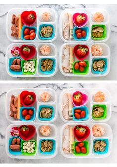 two pictures of plastic trays filled with different types of vegetables and fruits in them