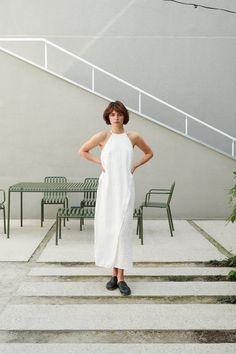 White Linen Sundress For Spring, White Linen Midi Dress For Daywear, White Linen Sundress For Summer, White Linen Summer Maxi Dress, White Linen Sundress Midi Dress, Chic White Linen Maxi Dress, White Linen Sundress For Vacation, Minimalist Summer Maxi Dress, White Linen Summer Midi Dress