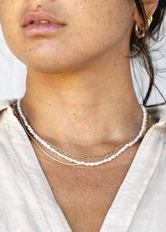 Gold Necklaces - Pearl & Gold Chain Layering Necklace Set - ke aloha jewelry White Dainty Chain Necklace For Everyday, White Delicate Chain Necklace For Everyday, Dainty White Chain Necklace For Everyday, Dainty Single Strand White Chain Necklace, Dainty White Single Strand Chain Necklace, Everyday White Delicate Chain Necklace, Single Strand Necklaces For Layering, White Beaded Chain Necklace, Dainty Style, White Beaded Chain Necklace For Everyday