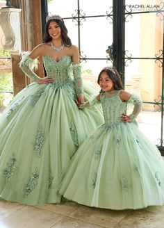 Quinceanera Light Green Dresses, Enchanted Forest Dama Dresses, Green Quince Dresses With Sleeves, Embroidered Fitted Ball Gown For Quinceanera, Green Princess Style Dress For Debutante Ball, Princess Style Gown For Quinceanera, Green Lace Gown For Quinceanera, Embroidered Ball Gown With Fitted Bodice For Quinceanera, Quinceanera Ball Gown With Sheer Bodice