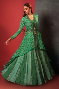 Shop for these amazing collections of Green Pure Georgette Woven Bandhani Jacket: Open Skirt Set For Women by Bandhani online at Aza Fashions. Skirt With Long Jacket, Long Koti Blouse Design, Bandhani Skirt With Top, Full Sleeve Crop Top And Skirt, Embroidery On Bandhani, Jacket Outfit Indian, Bandhani Blouse Work, Crop Top Lehenga With Jacket, Bandhni Lehenga