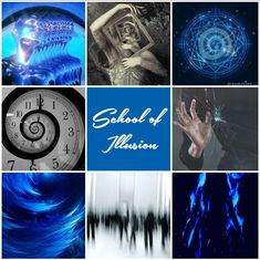 a collage of blue images with the words school of illusion