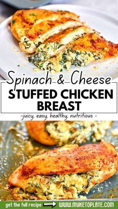 spinach and cheese stuffed chicken breast on a plate with text overlay that reads spinach and cheese stuffed chicken breast