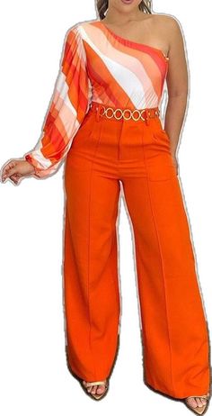 Fashion Shoulder Long Sleeve Top Solid Color Loose Two-piece Combi LOVEMI  Orange M Trendy Outfit, Long Sleeve Top, Sleeve Top, Two Piece, Solid Color, Orange, Long Sleeve, Pants, Color