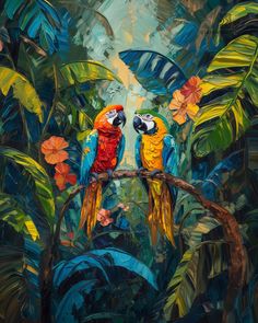 two parrots are sitting on a branch in the jungle