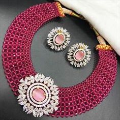 Gold Rodium Polish Pink and Majenta color Necklace in Metal Alloy studded with CZ Diamond Round Necklaces With Stone Work For Parties, Round Stone Work Necklace For Party, Round Party Necklaces With Stone Work, Festive Multicolor Rhinestone Jewelry, Festive Round Jewelry With Rhinestones, Pink Jeweled Metal Necklace, Festive Round Rhinestone Jewelry, Ruby Choker Necklace, Ruby Choker