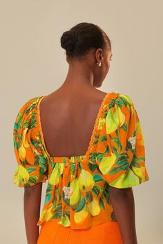 Orange Chic Pears Short Sleeve Blouse – FARM Rio Spring Bold Print Orange Tops, Summer Orange Vibrant Tops, Summer Vacation Blouse With Square Neck, Square Neck Blouse For Summer Vacation, Summer Orange Tops With Bold Print, Orange Bold Print Summer Top, Orange Tops With Bold Print For Summer, Vibrant Orange Beach Top, Summer Fitted Blouse With Bold Print