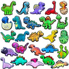 a bunch of different colored dinosaurs on a white background