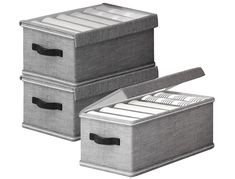 three storage boxes with handles and lids on each side, one is open and the other is closed