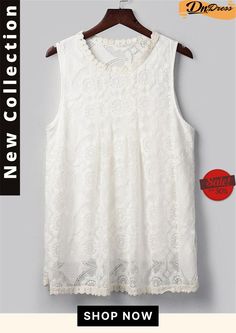 Relaxed Fit Round Neck Sleeveless Floral Lace T-shirt White Sleeveless Summer Top, Casual Tank Top With Lace Detail, White Sleeveless Top For Summer, Summer Tank Lace Top, White Sleeveless Vest Top, Casual White Lace Tank Top, White Sleeveless Tops For Spring, Casual Sleeveless Lace Top, Casual Sleeveless Lace Tank Top