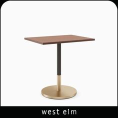 the west elm table is shown in gold and has a square wooden top with a metal base