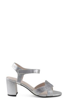 Shimmering jewel embellishments illuminate the interlocking vamp straps on an occasion-ready sandal lifted by a wrapped block heel. 2 1/4" heel Synthetic upper, lining and sole Imported Synthetic Sandals For Party And Holiday, Silver Block Heels With Heel Strap For Party, Holiday Party Synthetic Sandals, Silver Ankle Strap Block Heels For Party, Glamorous Silver Ankle Strap Block Heels, Silver Block Heels For Party, Glamorous Silver Block Heels With Ankle Strap, Holiday Ankle Strap Sandals For Events, Holiday Open Toe Synthetic Sandals