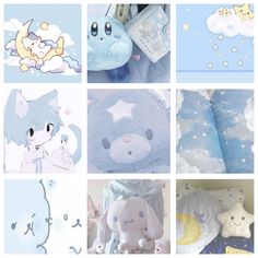 there are many different pictures of stuffed animals in this collage with clouds and stars