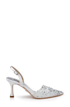 An asymmetric topline and jewel-encrusted upper add visual intrigue to a soirée-ready slingback pump framed by a pointy toe and tapered heel. 3" heel Adjustable slingback strap with buckle closure Cushioned footbed Textile upper/synthetic lining/leather sole Imported Elegant Rhinestone Slingback Pumps For Gala, Elegant Rhinestone Slingback Pumps For Events, Elegant Embellished Slingback Pumps For Wedding, Elegant Silver Slingback Pumps For Gala, Silver Embellished Slingback Pumps For Wedding, Elegant Embellished Evening Slingback Pumps, Glamorous Wedding Slingback Pumps, Elegant Silver Slingback Pumps For Wedding, Elegant Rhinestone Slingback Pumps For Wedding