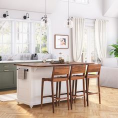 a kitchen island with three stools next to it in front of a living room