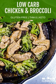 chicken and broccoli stir frying in a skillet