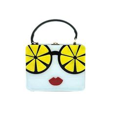 New Page 3                  INSPIRED LEMON SUNGLASSES TOP HANDLE CASE BAG A huge dose of glamour and one-of a-kind design. Be bold and unique, update your wardrobe with this season’s sleek, modern and smaller silhouette. This top handle whimsical and fun  with lemon sunglasses face adds a most stylish look. Black and white glossy lacquer like finish Lemon sunglasses Top clasp closure Perfect size for all your essentials Detachable matching strap 7.5” x 6” x 3”  Click to shop our Buy It Now Store Unique Clutch, Purse Design, Yellow Cottage, Acrylic Clutch, Black Evening Bag, Designer Clutch, Lemon Slice, Black Clutch, Unique Designers