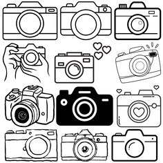 a black and white drawing of different types of cameras