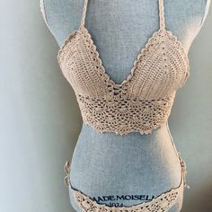 Beautifully Intricate Crocheted Bikini With Padding, Never Worn! Top And Bottom Fit Like A S/M Beige Triangle Crochet Top For Summer, Fitted Beige Crochet Top For Beachwear, Beige Triangle Top Halter For Beach, Beige Triangle Halter Top For Beach, Beige Triangle Halter Top For Summer, Summer Beige Triangle Halter Top, Beige Halter Neck Crochet Top For Beach, Beige Triangle Halter Top For Vacation, Beige Fitted Halter Top For Beach Season