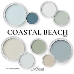 several different colors of paint in the same color scheme, with text that reads coastal beach