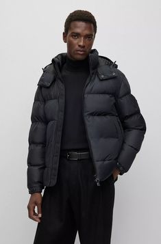 BOSS - Water-repellent padded jacket with zip closure Functional Outdoor Puffer Jacket With Ribbed Cuffs, Functional Nylon Puffer Jacket With Ribbed Cuffs, Luxury Nylon Outerwear With Detachable Hood, Functional Down Puffer Jacket With Ribbed Cuffs, Fall Nylon Parka With Padded Collar, Functional Quilted Jacket With Padded Collar For Fall, Urban Quilted Down Puffer Jacket, Luxury Nylon Outerwear For Streetwear, Outdoor Down Outerwear With Zipper Closure