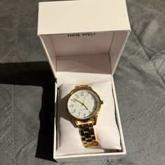 Brand New Nine West Golden Watch With Tags. Never Worn. Golden Watch Women, Copper And Grey, Golden Watch, Accessories Brand, White Band, Women Wrist Watch, Accessories Branding, Metal Bands, Silver Watch