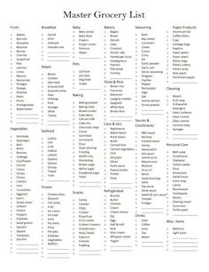 a printable grocery list with the words, food items and other things to eat