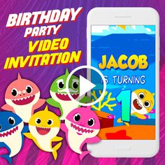 a birthday party video game with cartoon shark characters on the screen and an image of a group of sharks