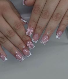 Short Acrylic Nails Coquette, Pink Bow French Tip Nails, Short Princess Nails, Short Nails French Tip Color, Birthday Nail Set Ideas Short, May Nail Designs, Aesthetic Nail Designs, Nails With Bows