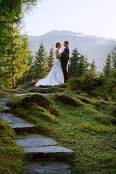 a bride and groom standing on top of a lush green hillside