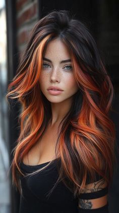 Black Hair With Copper Highlights, Copper And Black Hair, Ginger And Black Hair, Copper Hair With Dark Roots, Balayage Black Hair, Highlights Burgundy, Balayage Black, Witchy Hair, Fox Hair Color